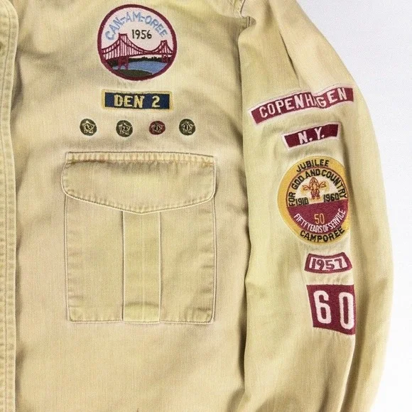 Vintage 90s Scouting Shirt Women Medium Tan Embroidered Patches Safari Utility - Picture 2 of 9